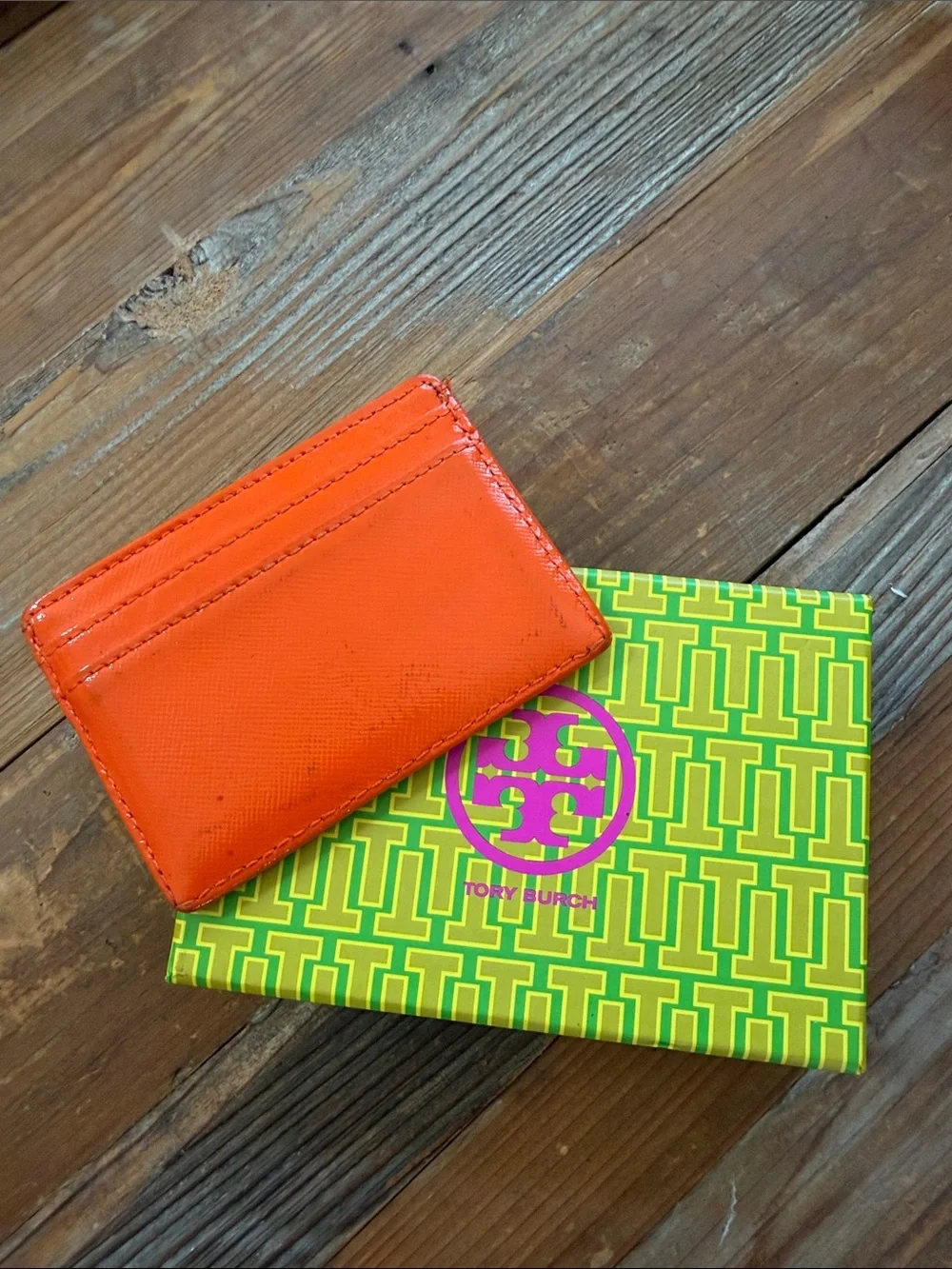 Tory Burch Orange Leather Card Case with Gold Logo